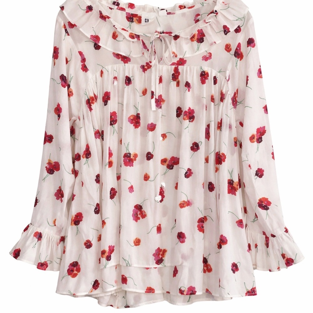 GAP- Floral Ruffle Blouse - White and Red - Picture 1 of 4